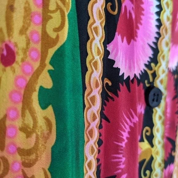 Vintage silk blend bright abstract floral print silk shirt Carmen back Large T3 - Picture 7 of 8